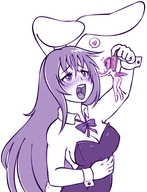 drawing vore blushing monochrome long_hair tongue bunny_ears bunny cleavage saliva fairy heart collar shrunken_woman open_mouth bunny_girl nyxon erina