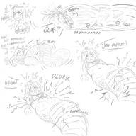 drawing giantess vore comic monochrome fantasy digestion egyptian short_hair sketch bones inside_stomach snake_girl growling_belly itsuune regurgitation stomach_ache
