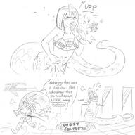 drawing giantess comic monochrome fantasy saliva egyptian short_hair sketch snake_girl burp running_away growling_belly itsuune stomach_ache