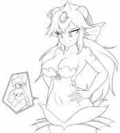 drawing giantess vore blushing monochrome large_breasts long_hair cleavage mermaid bulge belly stomach looking_down monster_girl internal_view hand_on_hips no_background shantae starcrossing fins giga_mermaid cutaway