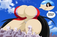 drawing giantess blushing city black_hair color destruction huge_breasts voluptuous closed_eyes broku5000