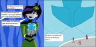drawing comic black_hair large_breasts clothed handheld purple_eyes short_hair shrunken_man standing holding lipstick shrunken_city dialogue white_skin dc_comics shrinking_violet legion_of_superheroes flower_in_hair