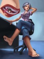 breasts drawing feet vore color clothed toes barefoot cleavage short_hair sitting shrunken_people looking_down lipstick between_toes chair desk voluptuous grey_hair kononiko shaded
