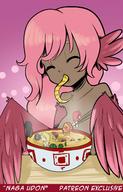 drawing giantess nude vore wings color long_hair saliva pink_hair sucking dark_skin chopsticks snake_girl harpy unwilling soup no_background multiple_prey slurping gokaivore udon