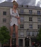 giantess blonde cleavage buildings looking_down looking_up outdoors crowds digital_render low_cut hair_tied_back