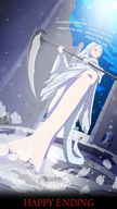 drawing giantess white_hair tail long_hair clothed toes barefoot low_angle foot_crush snow pinned outdoors under_foot dialogue scythe dark_souls half_dragon crossbreed_priscilla crossbreed dancer_of_the_boreal_valley