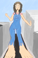 drawing giantess city black_hair long_hair barefoot surprised looking_down overalls outdoors curly_hair ripped_clothing