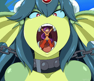drawing giantess vore color long_hair tongue mouth saliva purple_hair red_eyes blue_hair mermaid belly fangs looking_down open_mouth inside_mouth chain monster_girl unwilling imminent_vore angelthecatgirl green_skin looking_at_tiny shantae giga_mermaid shantae_half-genie_hero