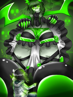 drawing giantess panties color claws glasses pantyshot low_angle green_hair dress looking_down black_rock_shooter point_of_view looking_at_tiny kaytlin-andcie