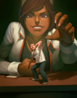 drawing color large_breasts blue_eyes clothed brunette reaching shrunken_man crouching lab_coat 0pik-0ort