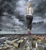 mega blonde long_hair destruction clothed town foot_print pants sneakers clouds sky braid top redcoffee1