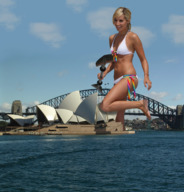 breasts giantess collage mega blonde swimsuit bridge barefoot water buildings unknown_artist sky ashley_tisdale sydney sydney_opera_house