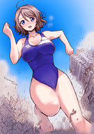 drawing giantess crush feet blushing manga city color large_breasts swimsuit destruction blue_eyes toes rampage brunette torajimaneko short_hair running open_mouth outdoors watanabe_you
