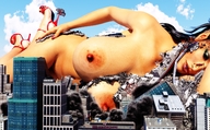 giantess city mega black_hair long_hair destruction huge_breasts lying_down sandals heel dark_skin outdoors digital_render open_toe stuck_to_heel between_breasts