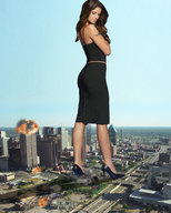 giantess collage city mega long_hair butt destruction clothed skirt high_heels brunette explosion looking_down smoke potyzeff arms_crossed