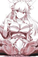 drawing giantess city mega monochrome large_breasts long_hair destruction cleavage fox_ears socks sitting no_background tamamo