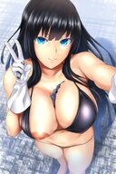 drawing nipples giantess mega black_hair color large_breasts long_hair swimsuit destruction blue_eyes handheld cleavage breast_crush high_angle posing gloves unknown_artist standing hand_crush point_of_view looking_at_viewer source_needed senran_kagura ikaruga_(senran_kagura) selfie bare_legs nipslip peace_sign bare_midriff