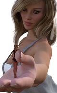 blonde butt handheld barefoot cleavage smiling ponytail shorts close_up leaning shirt looking_at_tiny digital_render inkonitoman