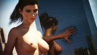 breasts giantess nude mega large_breasts long_hair destruction buildings brunette ponytail looking_down reflection outdoors redfiredog digital_render lfcfan ascension