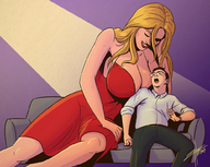 drawing gentle blonde color large_breasts long_hair clothed cleavage smiling dress mini_giantess sitting sofa zerohour99