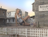 gentle giantess blonde long_hair clothed cleavage ponytail horse sitting shorts runswithferrets top looking_at_viewer digital_render western_town