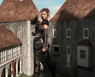 gentle giantess blonde butt clothed castle standing runswithferrets looking_back digital_render leather_clothing