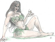 breasts drawing gentle giantess nude black_hair color handheld anime tribal lounging nikko goddessia makeshift_clothing