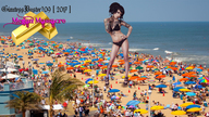 giantess collage long_hair beach high_heels ponytail outdoors palm_trees tattoo umbrellas crowds giantessbuster209 open_toe