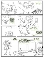 drawing furry anthro comic monochrome long_hair barefoot shorts jar flip_flops top panels ginger_(dod) misterdod