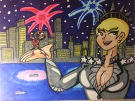 breasts drawing giantess city mega blonde large_breasts handheld cleavage superhero short_hair outdoors fireworks earrings new_york_city statue_of_liberty zipper low_cut