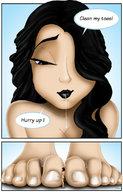 drawing comic black_hair long_hair toes barefoot saliva spitting shrunken_man looking_down lipstick between_feet dialogue panels no_background mousticus