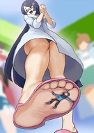 drawing giantess pokemon panties feet upskirt black_hair color long_hair toes soles pogojo low_angle smiling in_shoe foot_crush thighs flats looking_at_tiny bare_legs fennel