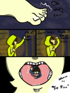 drawing crush feet vore comic black_hair barefoot short_hair mawshot six open_mouth dialogue hometgts little_nightmares