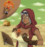 white_hair large_breasts cleavage gloves short_hair shrunken_man dark_skin in_shirt joseph_joestar mariah muhammad_avdol magicians_red between_breasts