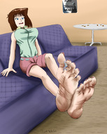 drawing large_breasts brunette short_hair sitting shorts shrunken_man looking_down between_toes indoors sofa bakura tea_gardner