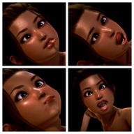 giantess vore blonde large_breasts brunette shrunken_woman looking_down open_mouth dark_skin imminent_vore no_background digital_render