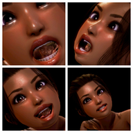 long_hair brunette brown_eyes smiling looking_down open_mouth dark_skin swallowed panels imminent_vore digital_render