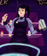 drawing color purple_hair ponytail smoking drink shrunken_people bar dropped bartender giantwaifus val-ha11-a jill_stingray