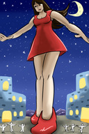 drawing gentle giantess color shoes brunette dress town dancing night giantwaifus
