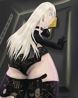 drawing white_hair color butt blue_eyes gloves shrunken_man looking_down trapped thigh_highs a2 giantwaifus nier_automata 9s nier