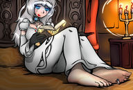 white_hair micro feet blue_eyes barefoot bed blood smiling dress medieval worship rubbing resting candle reading glowing mspaintgts transient aloisia_irah candlelight