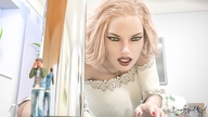blonde long_hair clothed green_eyes dress crawling shrunken_man hiding reflection searching digital_render emomadkid