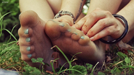 nude soles watch nylons shrunken_man dark_skin outdoors under_foot nail_polish bracelet blue_nails digital_render gtsx3d