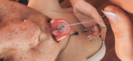 vore tongue cleavage saliva shrunken_man long_nails freckles necklace imminent_vore digital_render nose_piercing