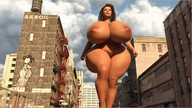 nude city long_hair huge_breasts brunette walking outdoors thick_thighs