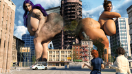 giantess city long_hair destruction butt_crush purple_hair huge_breasts brunette bending_over giantesses outdoors tattoo big_butt digital_render dinner-kun