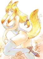 drawing tail city blonde large_breasts long_hair destruction blue_eyes cleavage fox_ears socks running leotard no_background low_cut cupping_breasts between_breasts