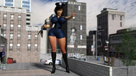 giantess skirt huge_breasts brunette short_hair boots handcuffs outdoors pointing digital_render