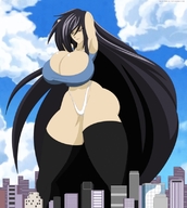 drawing giantess panties city mega black_hair color long_hair butt cleavage huge_breasts socks low_cut