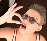 blonde short_hair shrunken_woman open_mouth dangle dark_skin between_fingers imminent_vore boomgts pinched digital_render